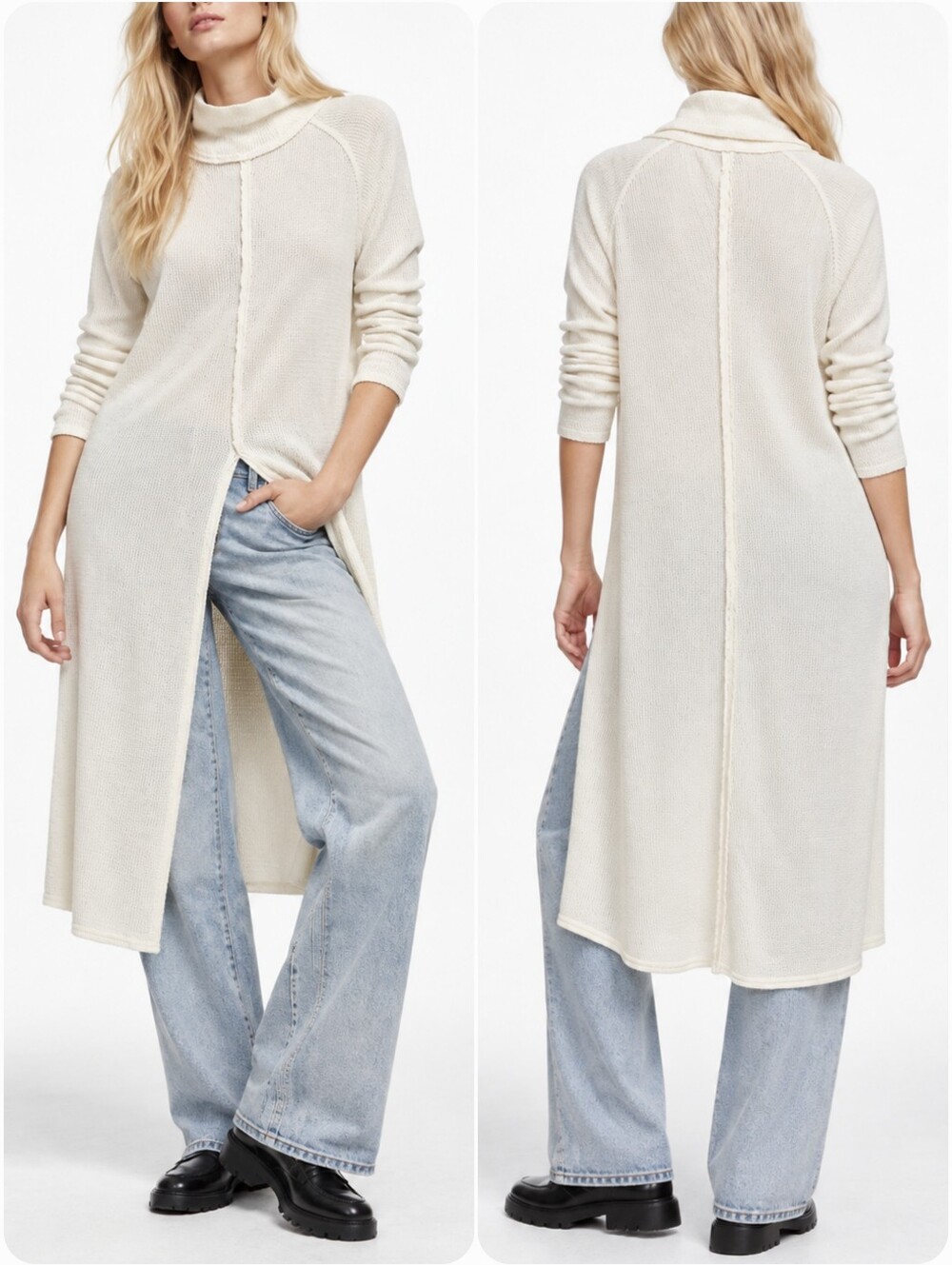 We The Free People Work It Thermal Mock Neck Front Slit Long Tunic Top XS Boho